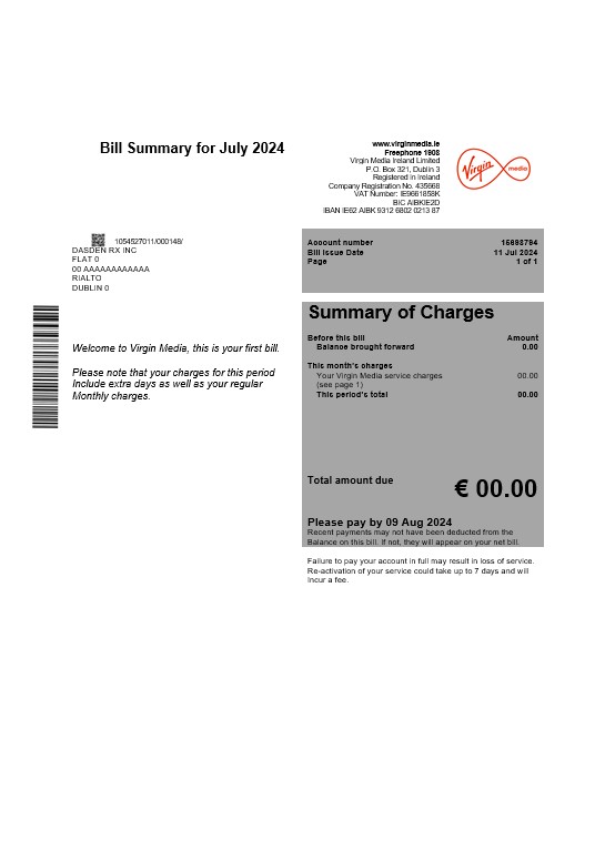 Ireland Virgin Media business utility bill template editable in Word and PDF, version 1 PSD template